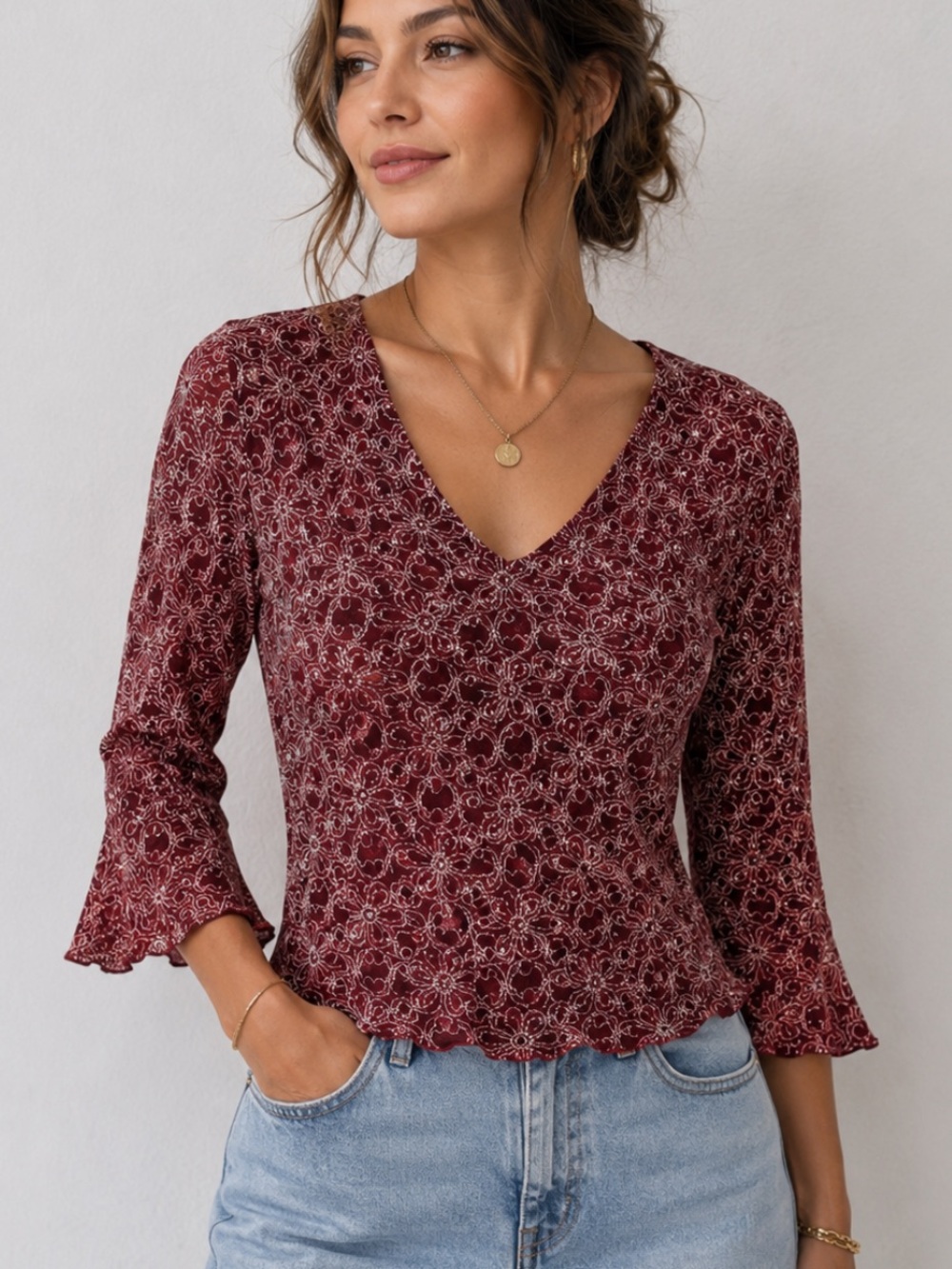Dressbarn Lace Embellished Top Blouse Red Formal Bell Sleeve Fairy Party Large